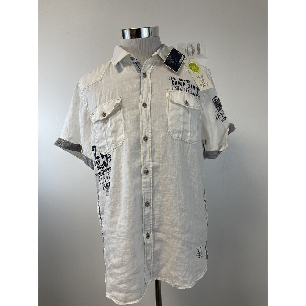 Camp David Shirt Mens Large Button Up 100% Linen Embroidered White N178 - Picture 2 of 12